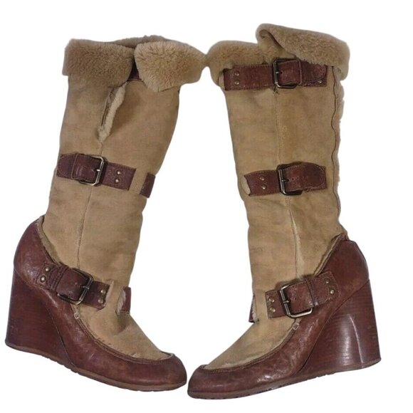 VW1 FENDI CAMEL BROWN WEDGE BUCKLE LONG FUR TRIM BOOTS - SIZE 38.5 39 READ - Picture 1 of 10